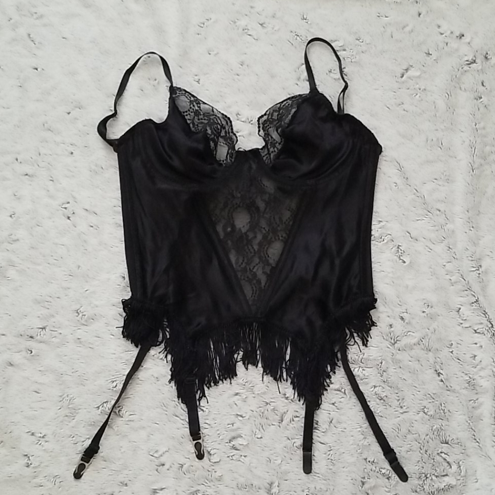 Vintage 90s Black Lace and Fringe Bustier Size 38